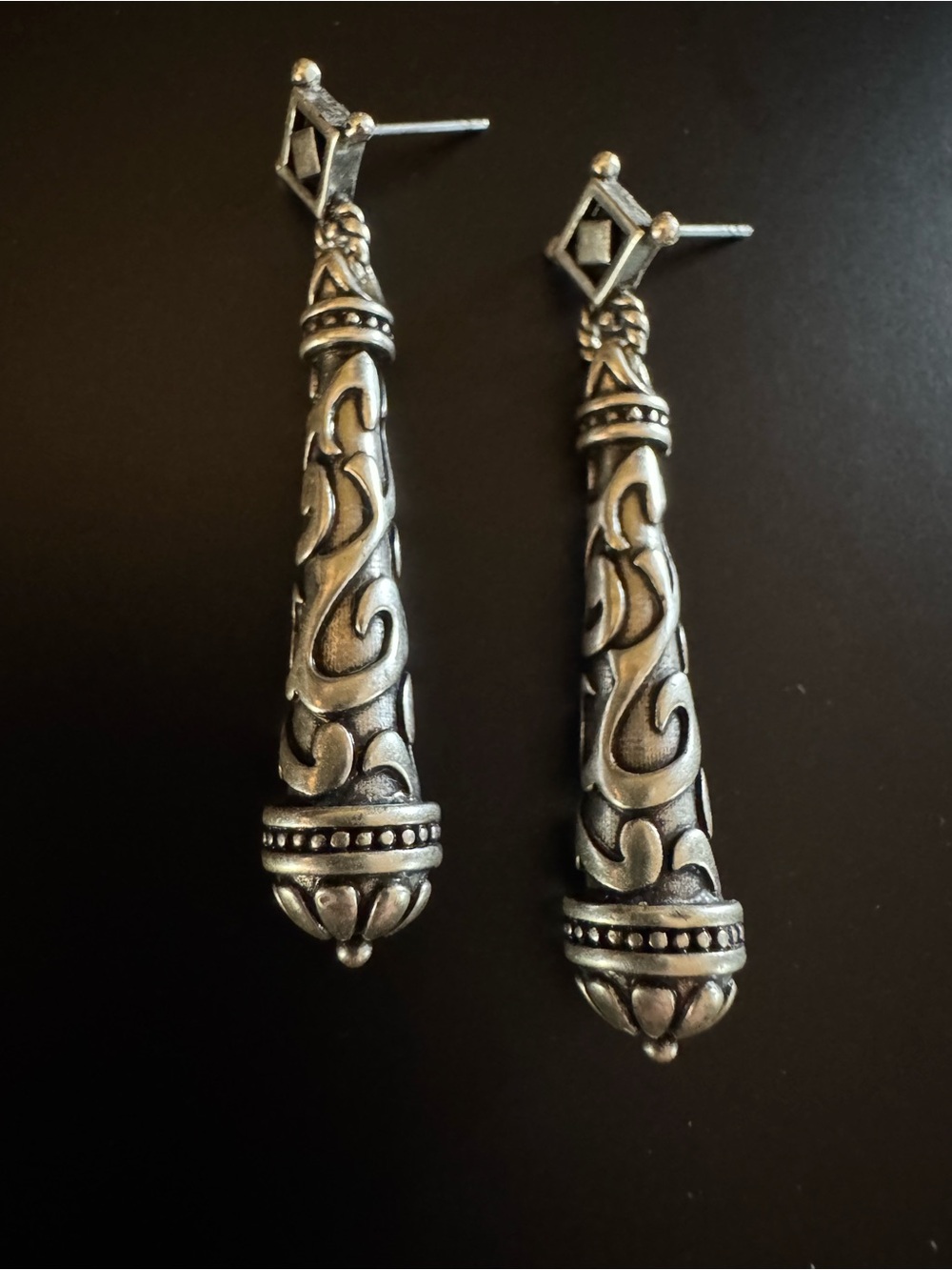 Heavy Sterling Silver Artisan Scroll Drop Earrings - Boho Bali Style - 11.5g